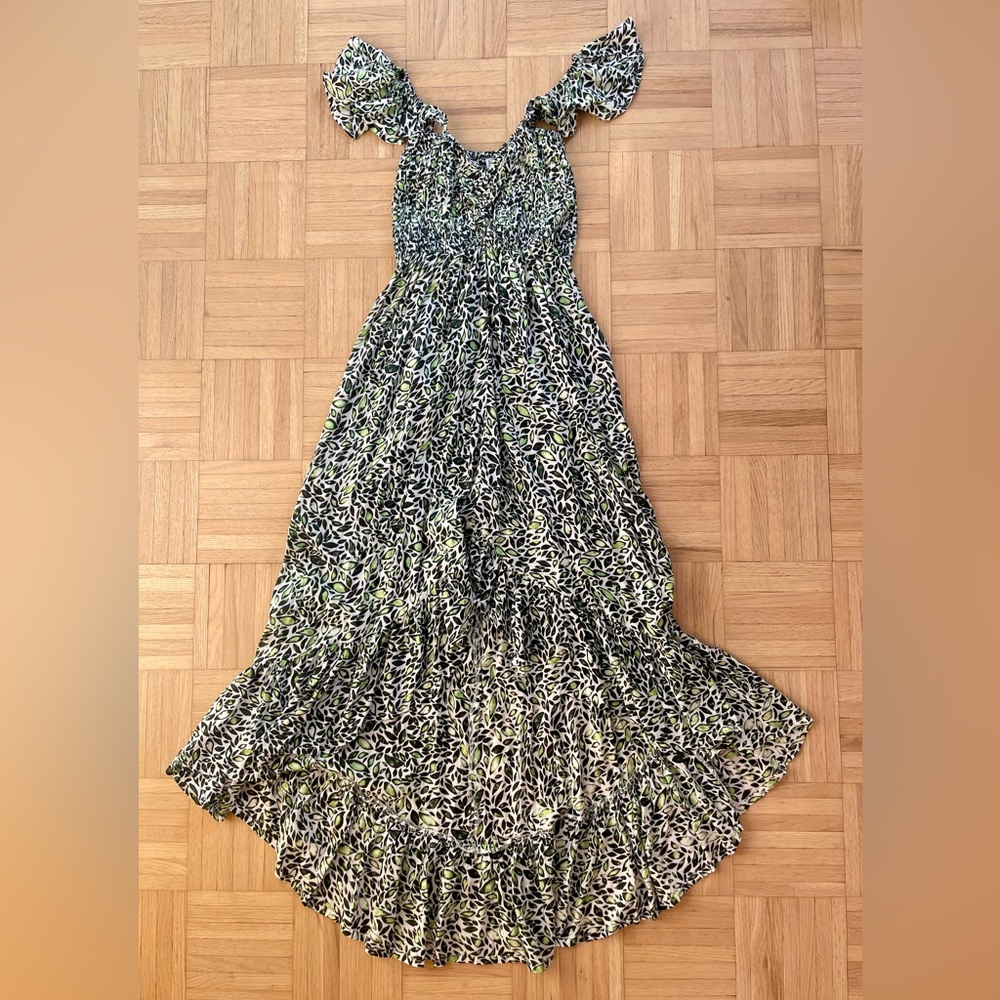 Floral Green Midi Dress with smocking and flutter sleeves